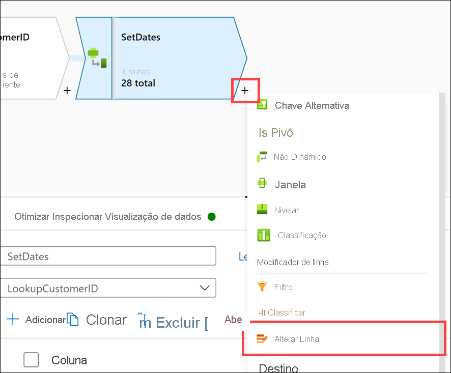O botão de adição e o item de menu “Alterar linha” estão realçados.