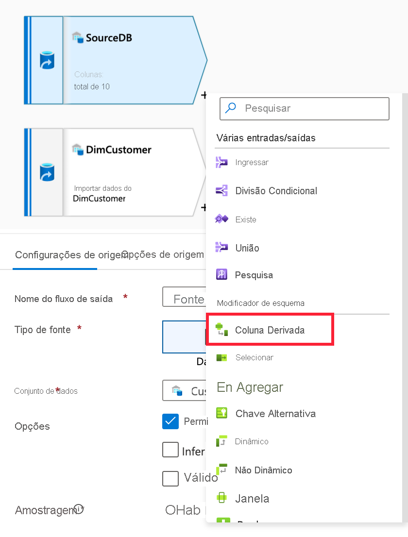 O botão de adição e o item de menu “Coluna derivada” estão realçados.