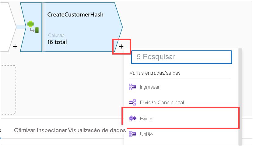 O botão de adição e o item de menu “Existe” estão realçados.