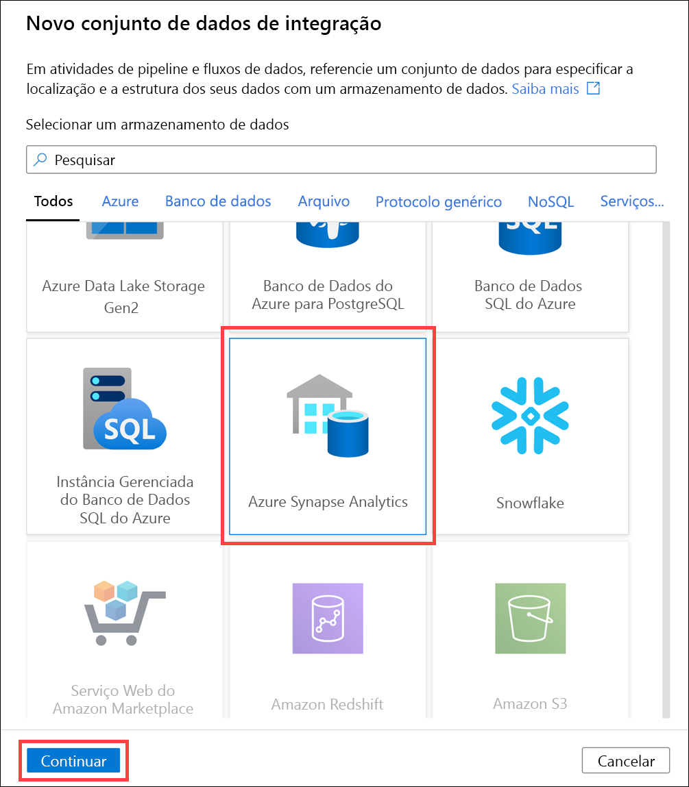 O Banco de dados SQL do Azure e o botão “Continuar” estão realçados.