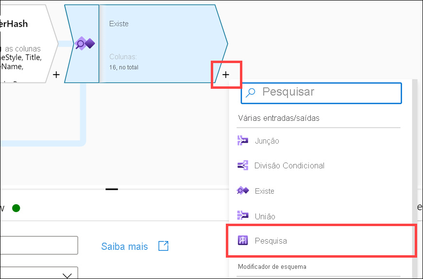 O botão de adição e o item do menu “Pesquisa” estão realçados.