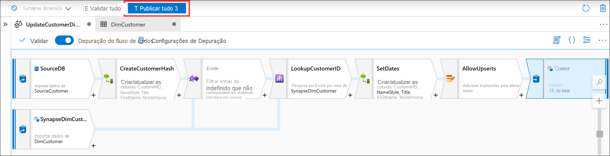 O fluxo de dados concluído é exibido e “Publicar tudo” está realçado.