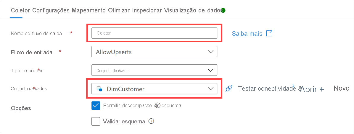 O formulário de propriedades do coletor está configurado conforme descrito.