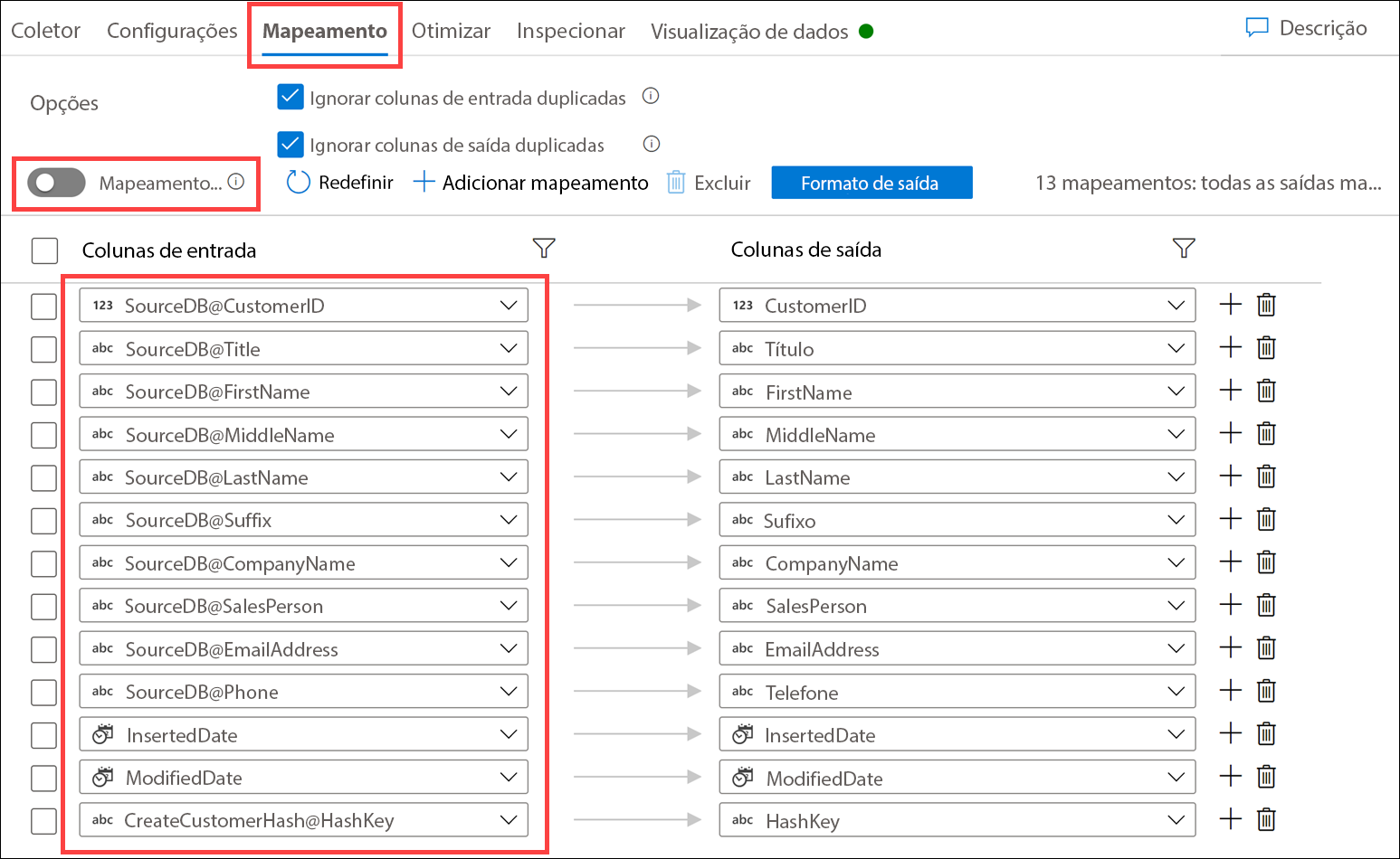 As configurações de mapeamento estão definidas conforme descrito.