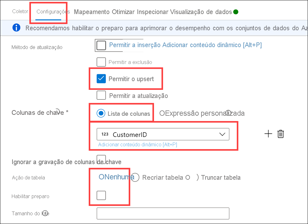 As configurações do coletor estão definidas conforme descrito.