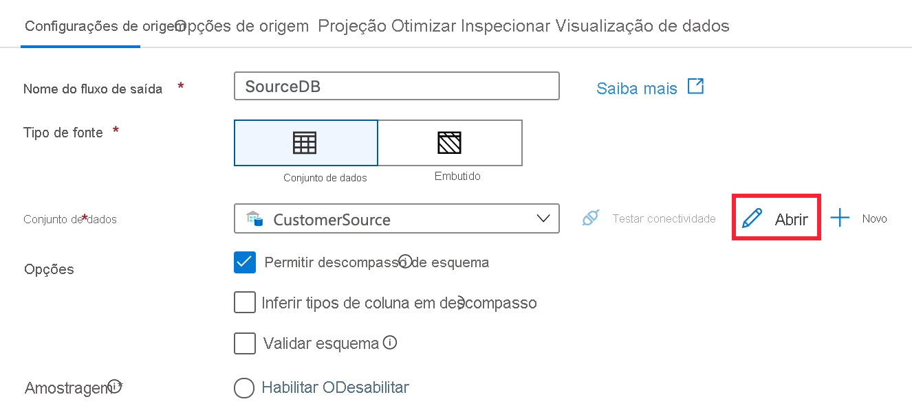 O botão “Abrir” está realçado ao lado do novo conjunto de dados.