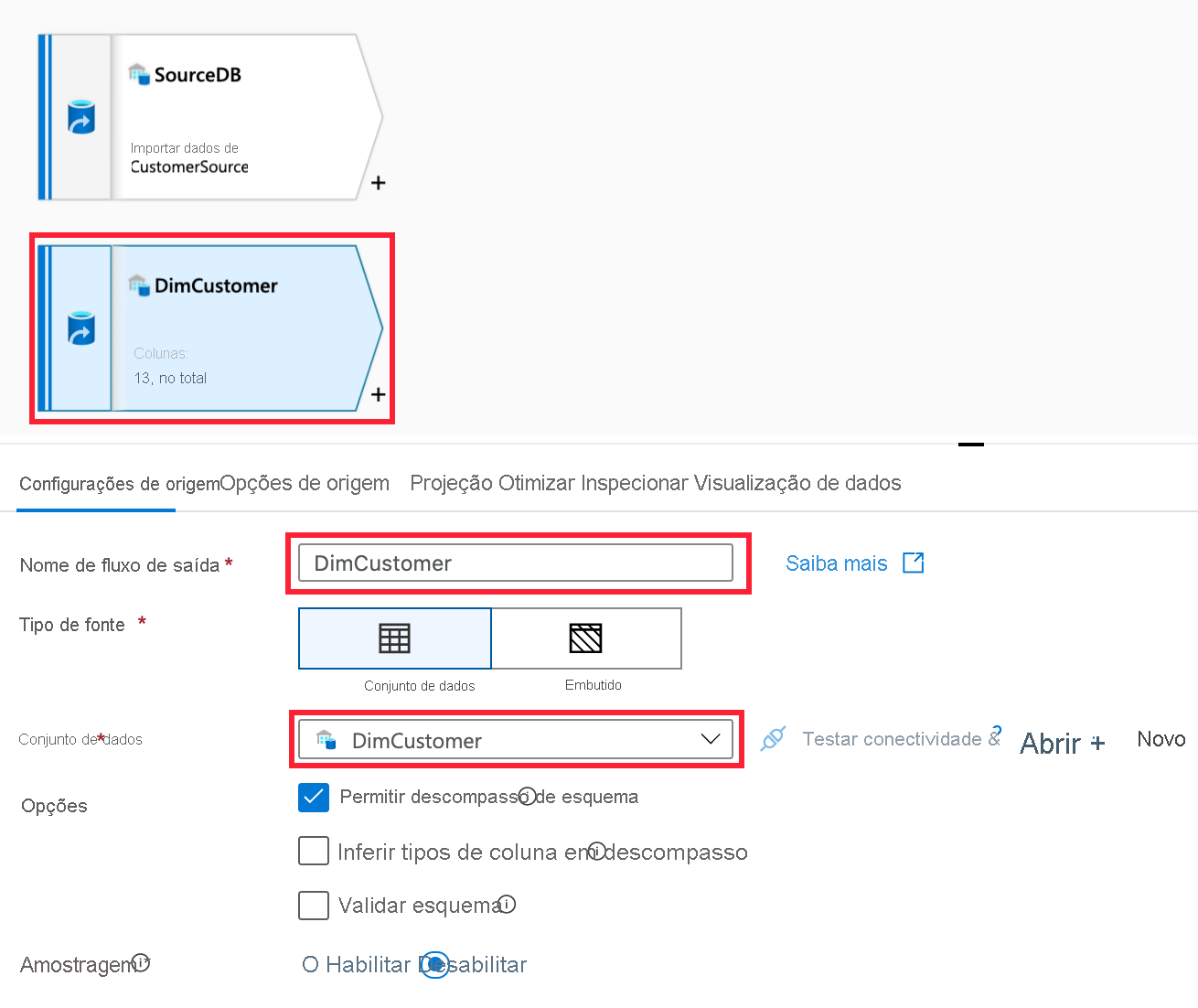 “Adicionar fonte”, “Nome do fluxo de saída” e “Nome do conjunto de dados” estão realçados nas configurações da fonte.