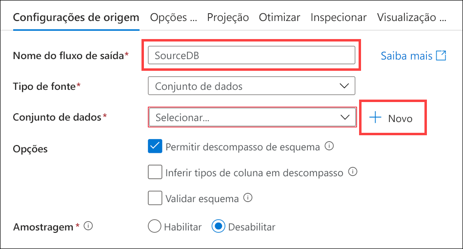 O botão “Novo” está realçado ao lado de “Conjunto de dados”.