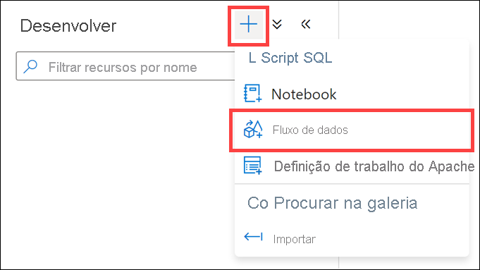 O botão de adição e o item de menu “Fluxo de dados” estão realçados.