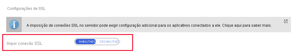 Image highlighting the Enforce SSL connection setting on the Connection security page for Azure Database for MySQL or PostgreSQL