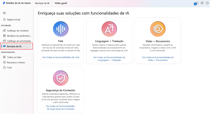 Uma captura de tela da home page do Estúdio de IA do Azure da Microsoft.