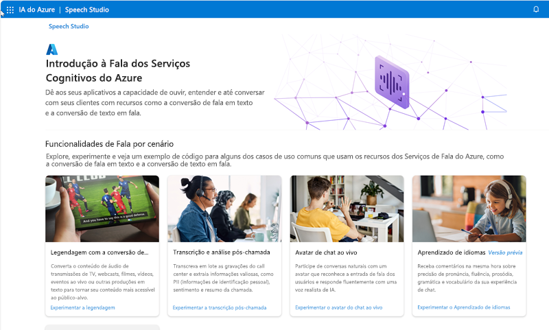 Uma captura de tela da home page do Microsoft Speech Studio.