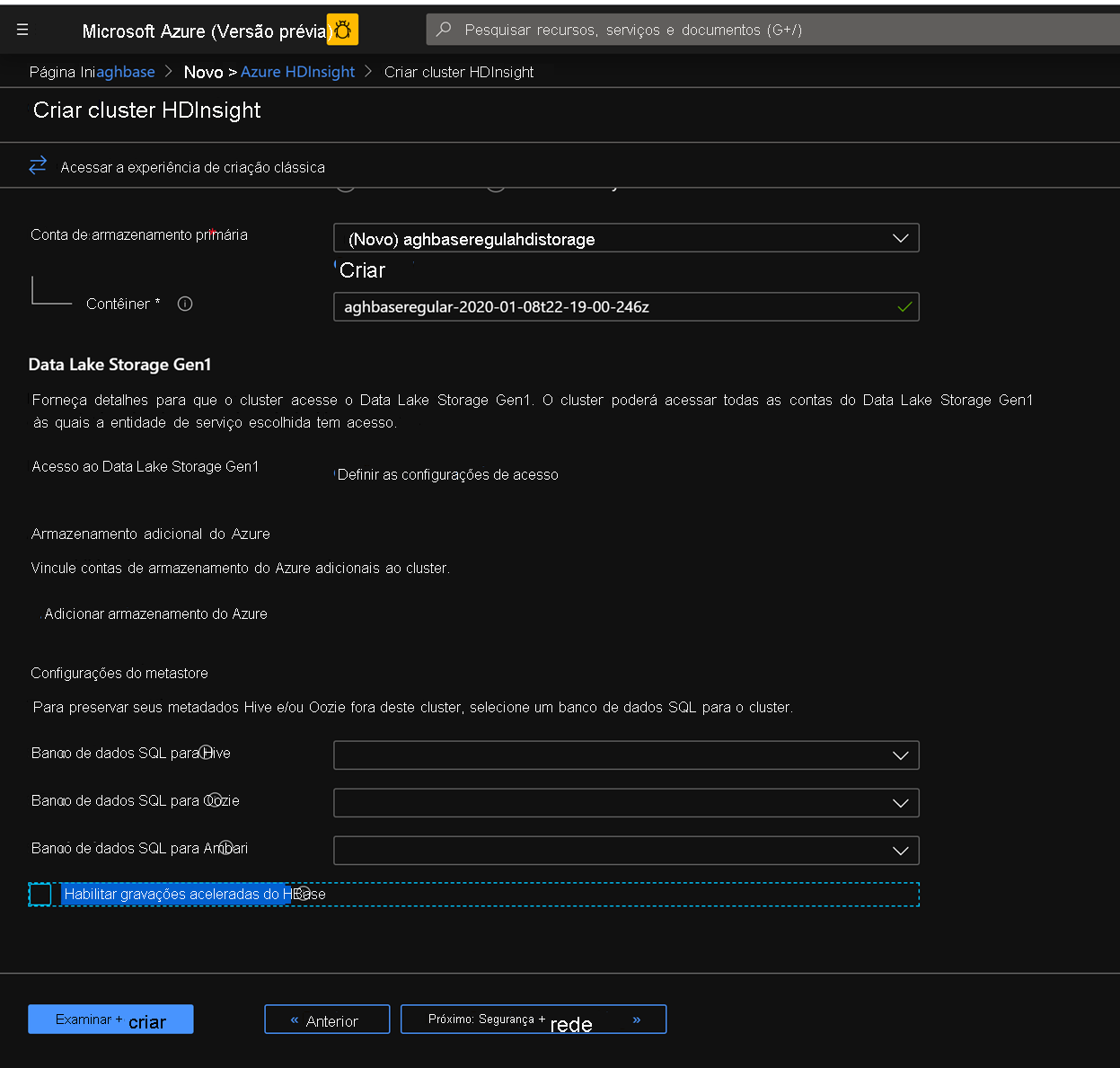 Revisar e criar na tela Criar cluster do HDInsight.