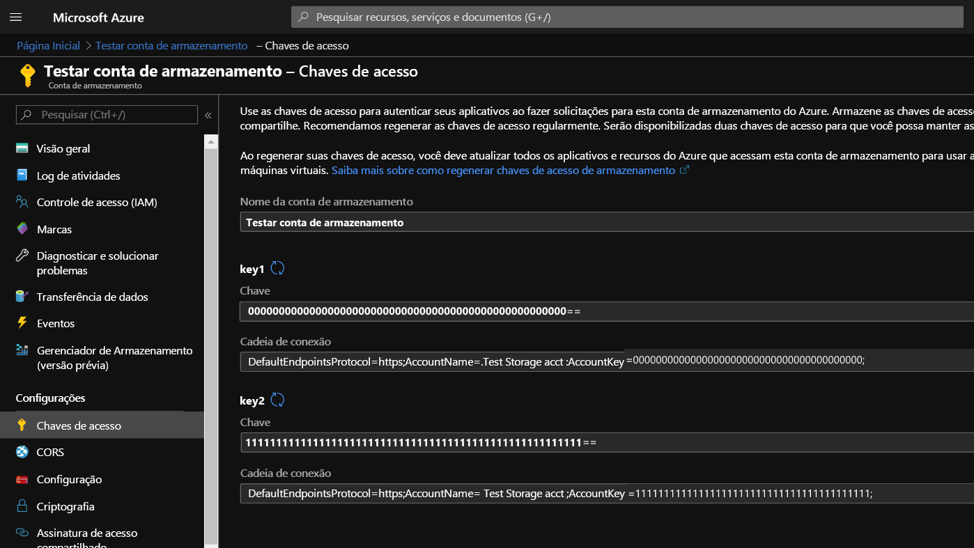 Storage account Access Keys in the Azure Portal.