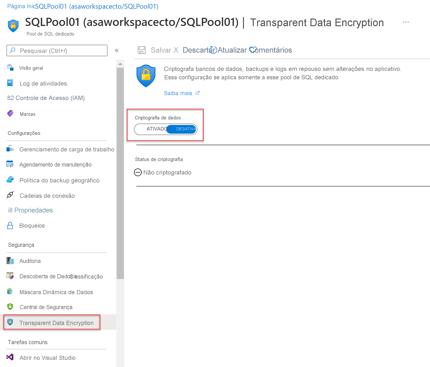 Pool de SQL da Transparent Data Encryption no Azure Synapse Analytics