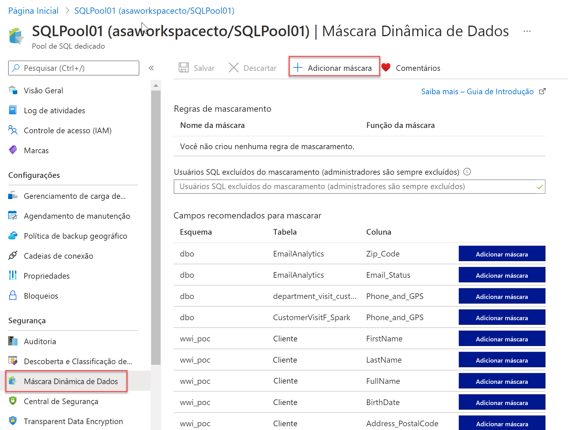 Azure Synapse Analytics da Máscara Dinâmica de Dados