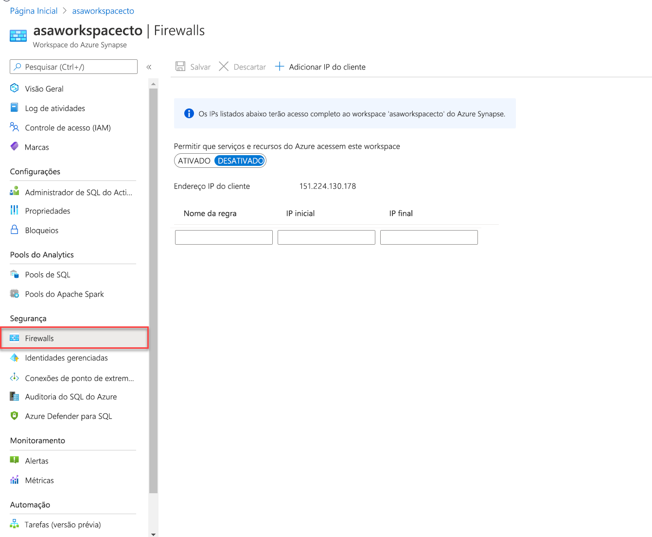 Configurar as definições de firewall no portal do Azure.