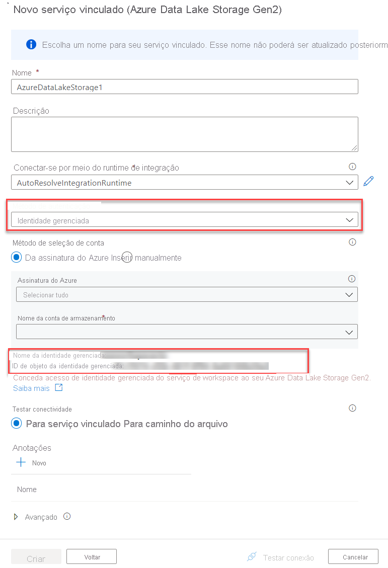 Configurando informações de identidade gerenciada em um serviço vinculado.