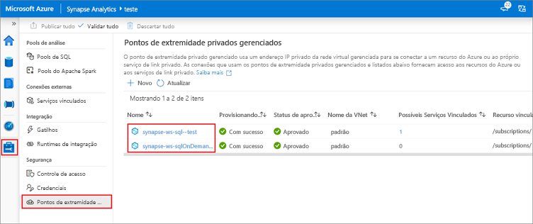 Adicionar pontos de extremidade privados gerenciados no Azure Synapse Studio.