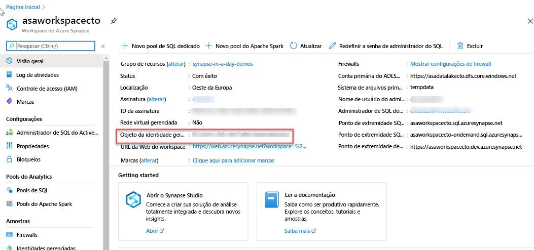 Visualizando informações de identidade gerenciada no portal do Azure.