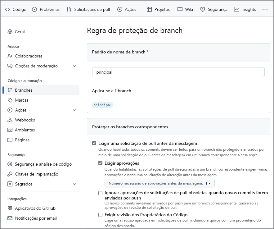 Captura de tela da configuração de uma regra de proteção de branch no GitHub.