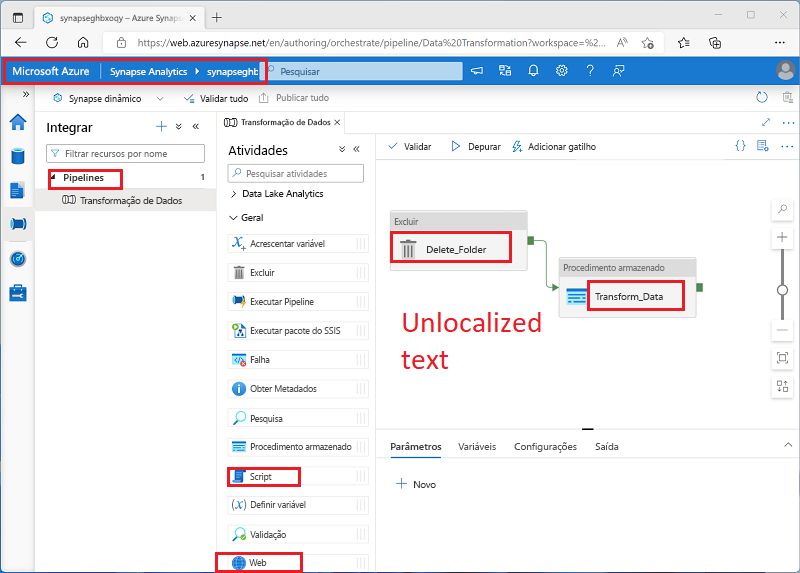 Uma captura de tela de um pipeline que contém uma atividade Delete e uma atividade Stored procedure.