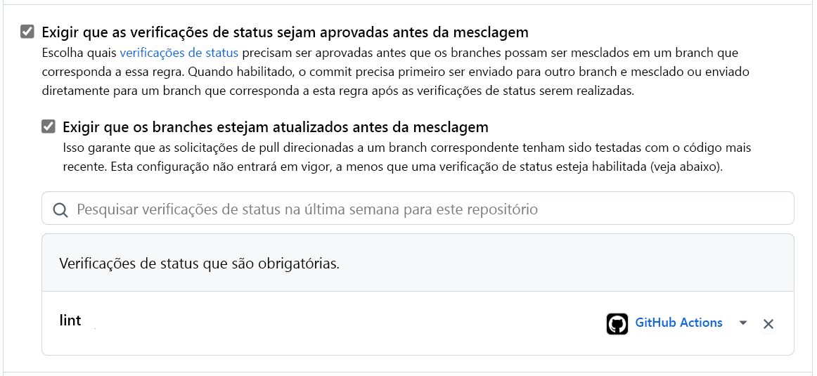 Captura de tela da configuração para exigir verificações de status antes da mesclagem.