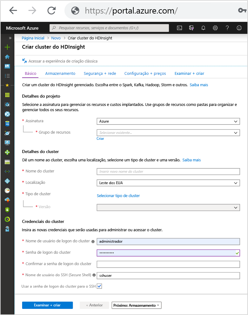 Uma captura da guia básica na tela Criar Cluster do HDInsight no portal do Azure