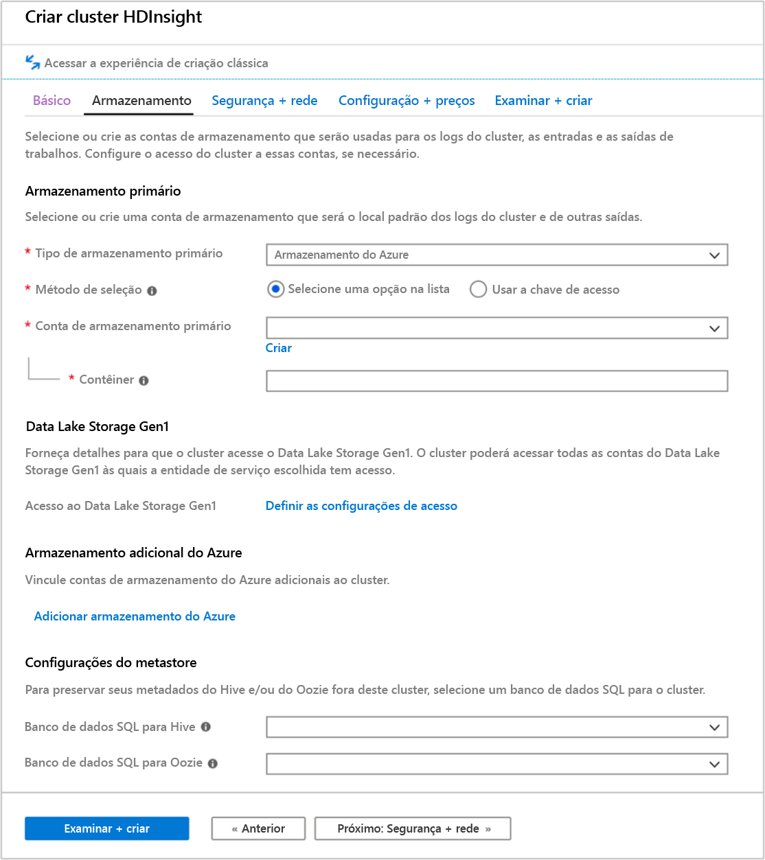 Uma captura da guia de armazenamento na tela Criar Cluster do HDInsight no portal do Azure