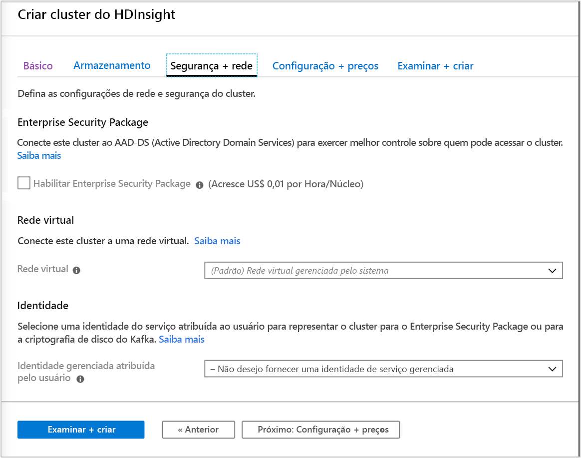 Uma captura da guia Segurança e rede na tela Criar Cluster do HDInsight no portal do Azure