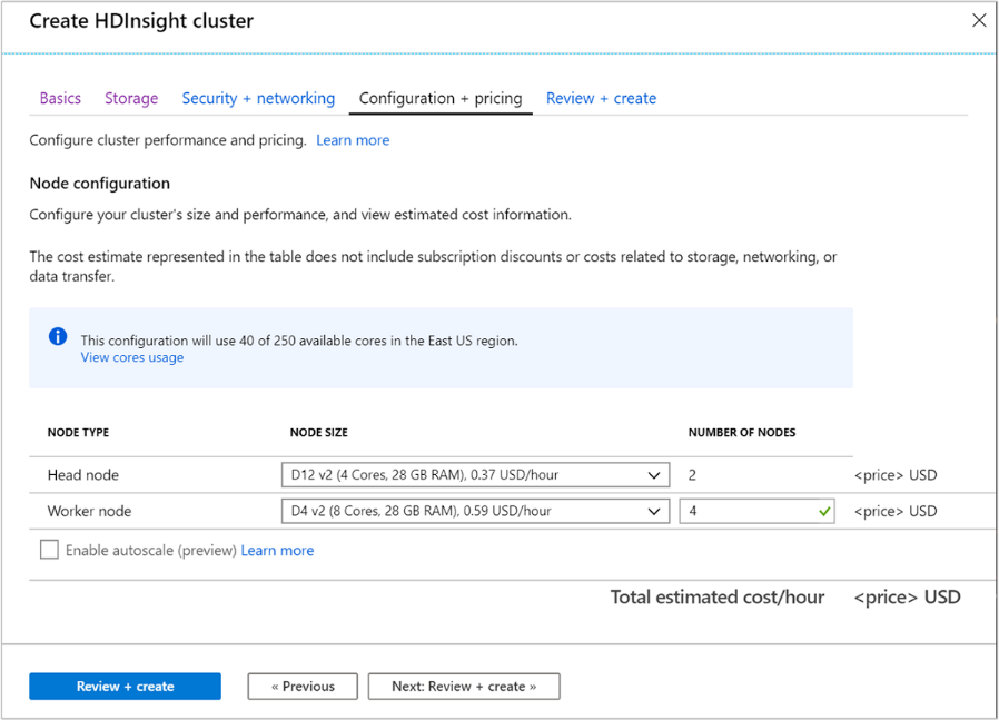 Uma captura de tela da guia Configuração e Preço na tela Criar Cluster do HDInsight no portal do Azure