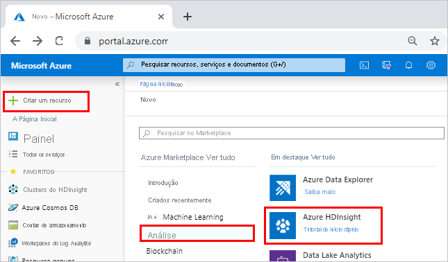 Captura de tela mostrando o portal do Azure com “Criar um recurso”, “Análise” e “Azure HDInsight” realçados.