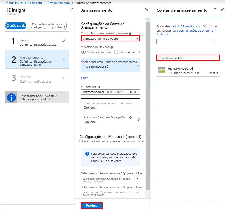 A página de armazenamento no portal do Azure.