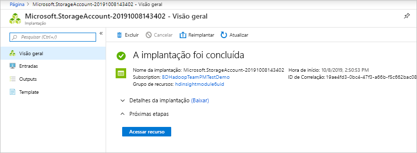 Captura de tela mostrando a página de visão geral da conta de armazenamento da Microsoft, informando que a implantação foi concluída.