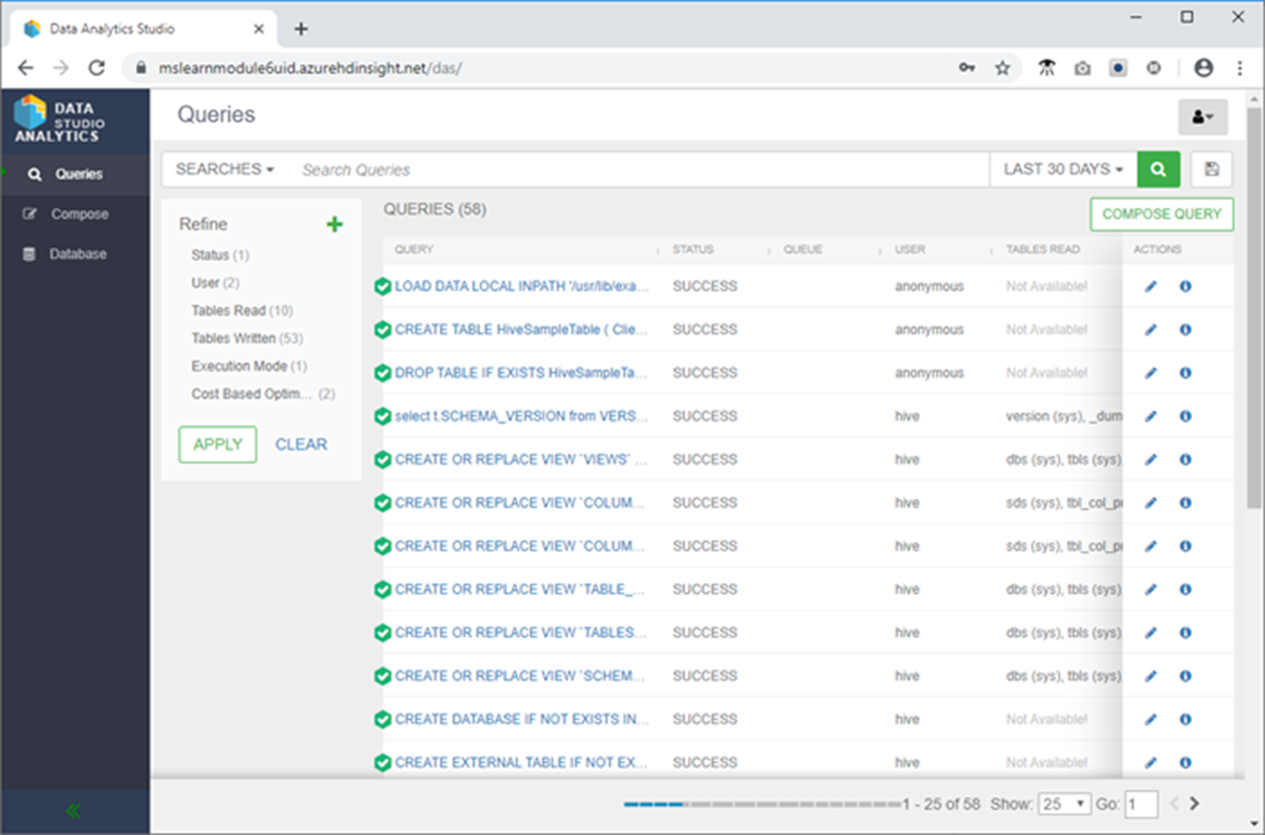 A screenshot of the Data Analytics Studio application