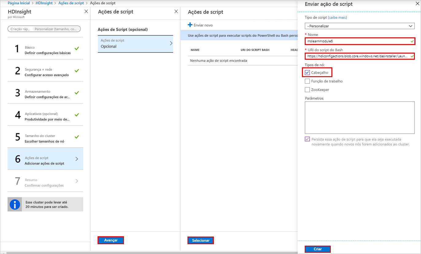 A página de ações de script no portal do Azure.