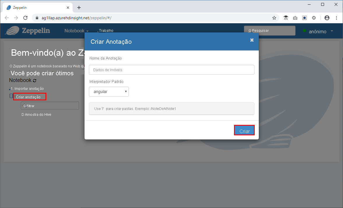 Create a new Zeppelin Notebook in the Azure portal