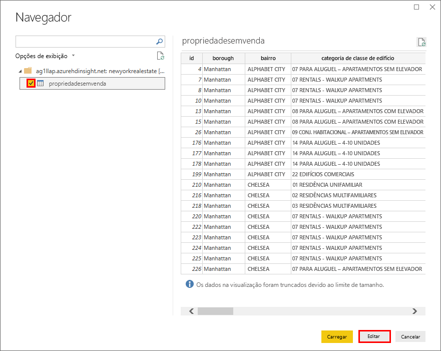 Tela do Navegador do Power BI