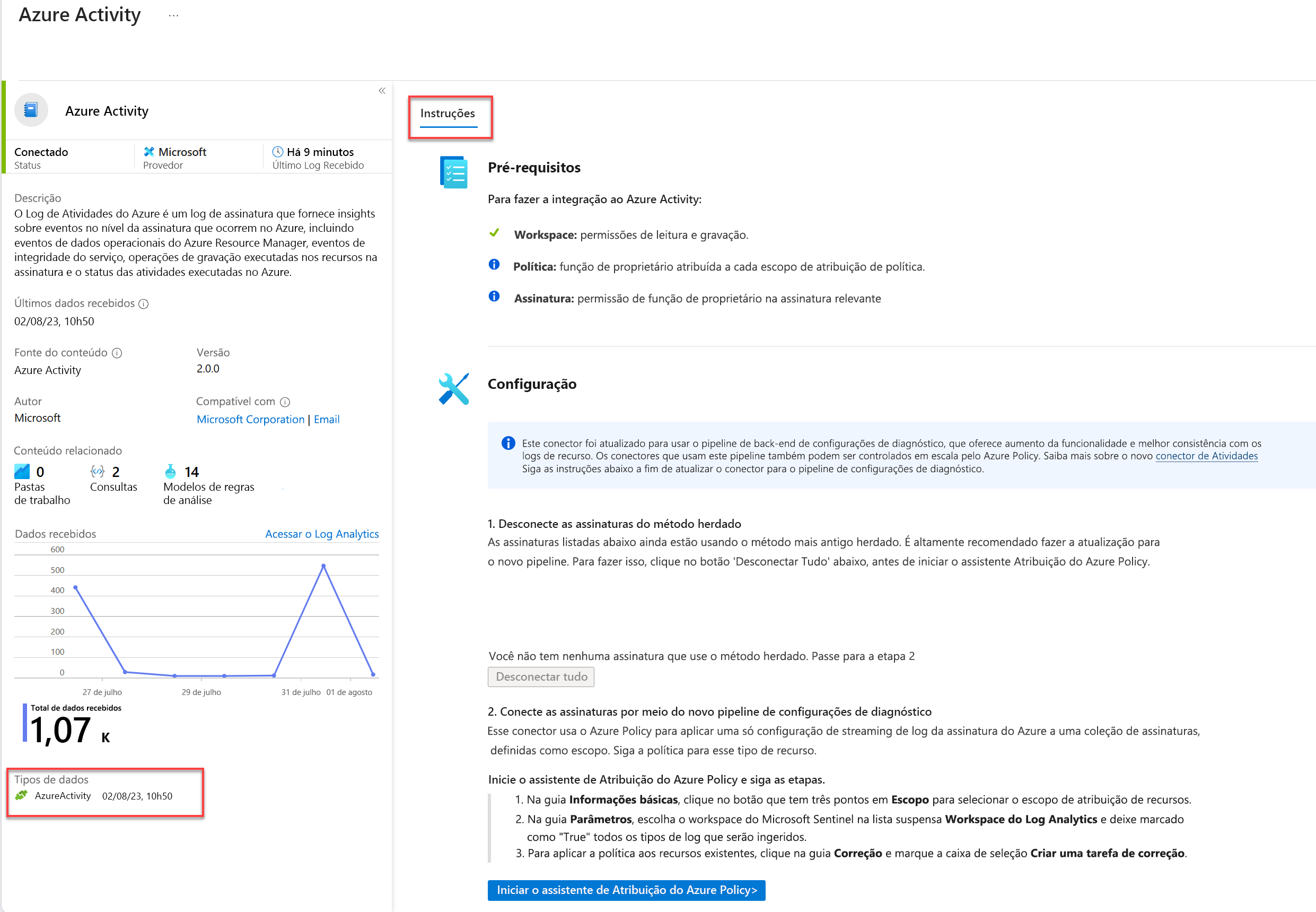 Screen shot of Microsoft Sentinel Detailed Connector Page.