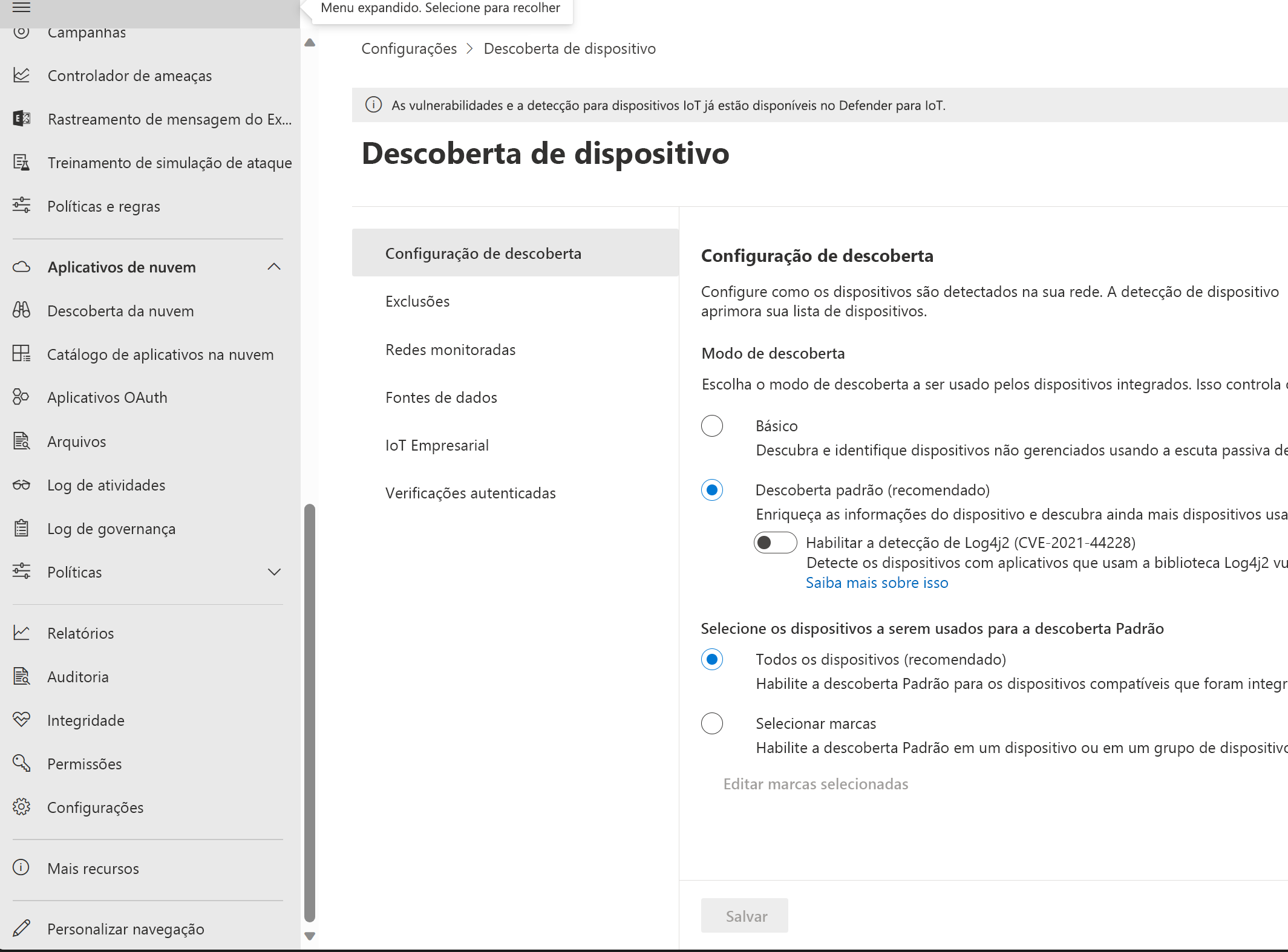 Captura de tela das opções de configuração de Descoberta de dispositivo.