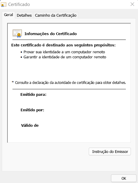 Esta imagem fornece detalhes sobre o certificado digital. As informações fornecidas incluem a finalidade do certificado, para quem ele foi emitido, quem emitiu o certificado e por quanto tempo o certificado é válido.