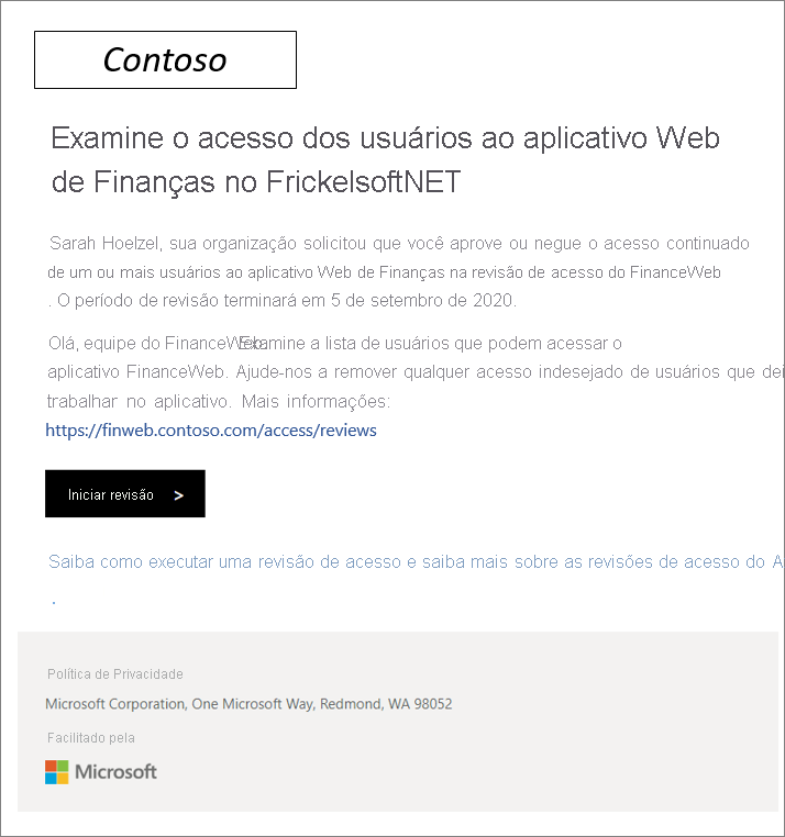 Captura de tela de uma notificação de revisão de acesso que convida os usuários a revisar os direitos de acesso.