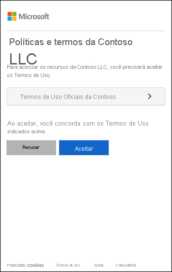 Captura de tela de uma notificação de termos de uso. O usuário deve aceitar os termos de uso para poder continuar ou recusar.