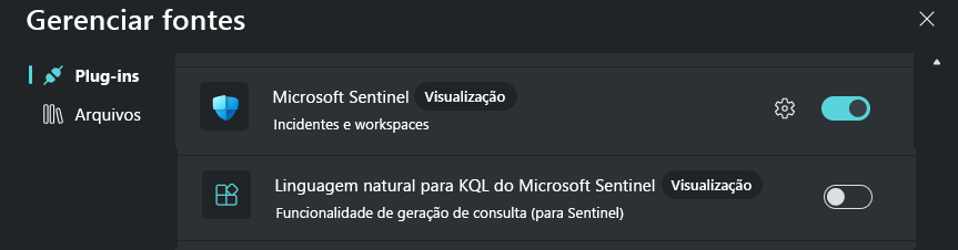 Captura de tela mostrando os plugins do Microsoft Sentinel.