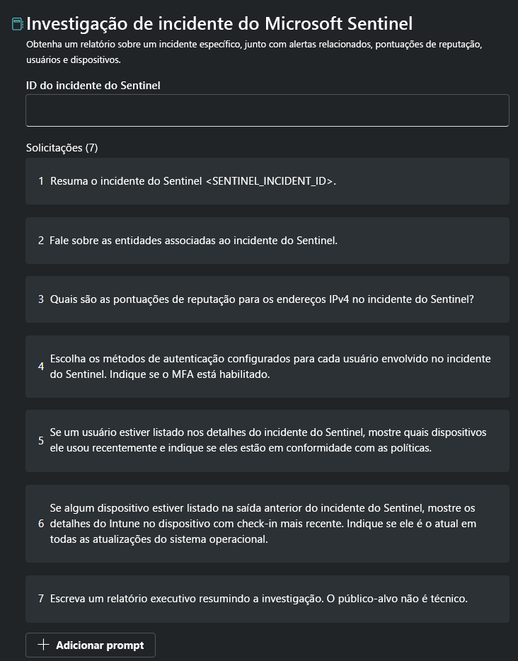 Captura de tela mostrando o promptbook de investigação de incidentes do Microsoft Sentinel.