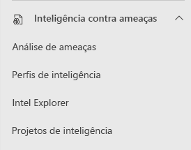 Uma captura de tela das opções selecionáveis para a inteligência contra ameaças no painel de navegação do lado esquerdo do portal do Microsoft Defender.