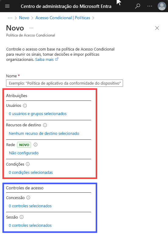 Captura de tela mostrando os dois componentes de uma política de Acesso Condicional, as atribuições e os controles de acesso.