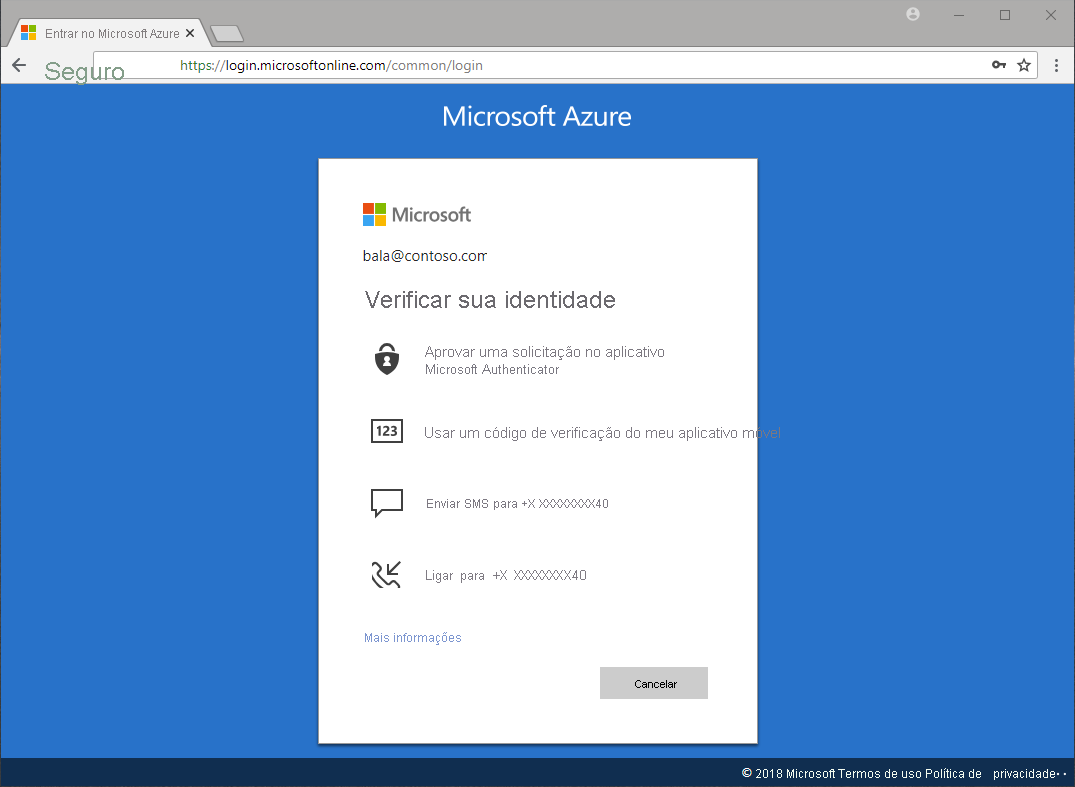 Captura de tela do aplicativo autenticador da Microsoft mostrando maneiras de verificar sua identidade.