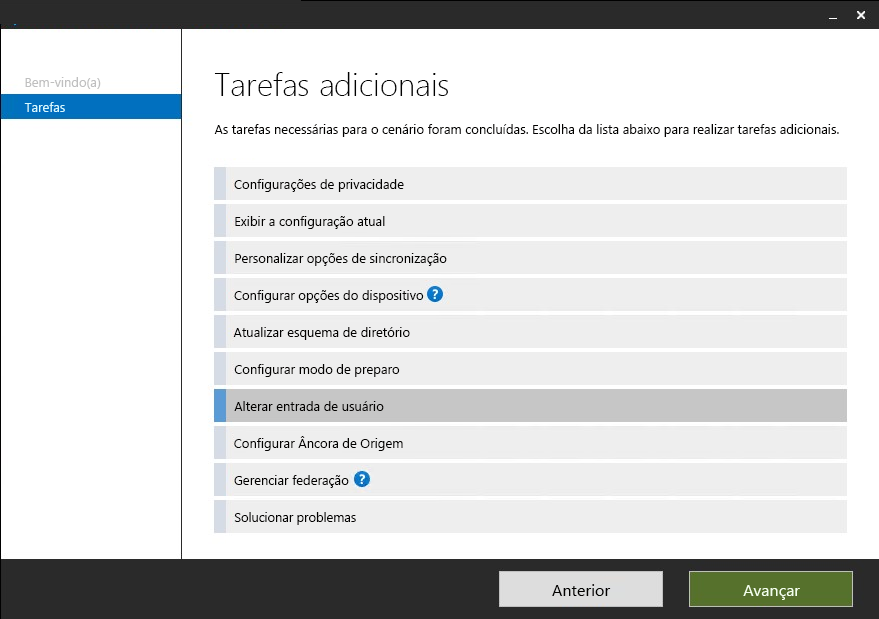 Screenshot of the Microsoft Entra Connect Tasks screen when you can select how users sign into Microsoft Entra ID after the on-premises connection is made.