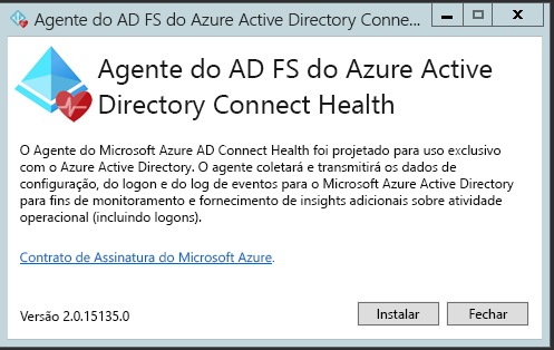 Screenshot of the installation window for the Azure Microsoft Entra Connect Health AD FS agent.